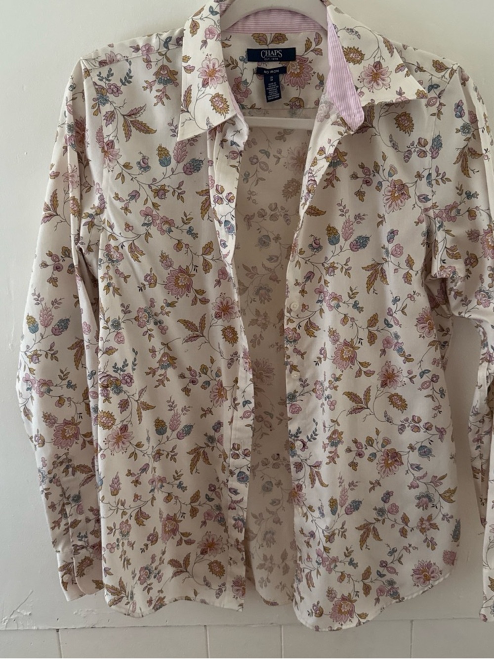 Chaps Cream Floral Button-Up Shirt with Pink & Gold Details